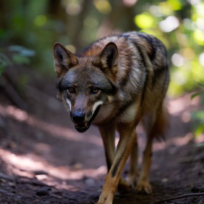 Coyote walking in forest trail
