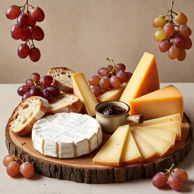 Cheese platter with grapes and bread