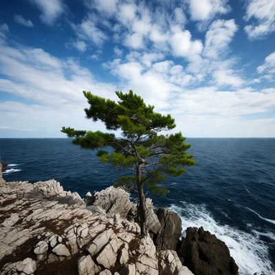 Pine Tree on Cliff Over Ocean
