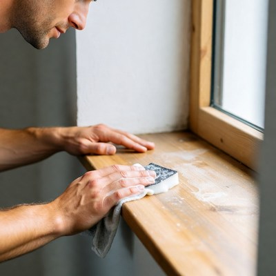 Man cleaning wooden windowsill