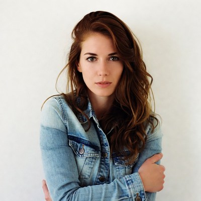 Woman with long brown hair in denim jacket