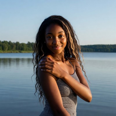 Smiling African-American woman by lake