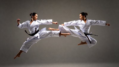 Two women sparring in karate gi