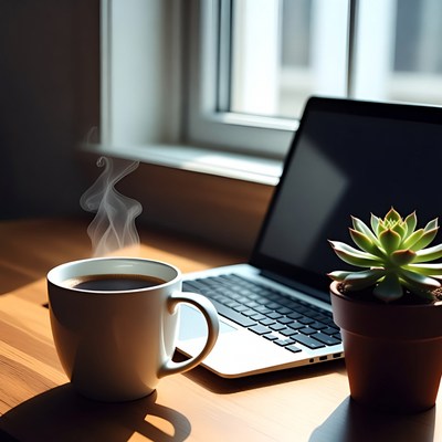 Steaming Coffee Cup Laptop Succulent