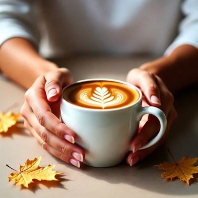 Woman holding latte with fall leaves