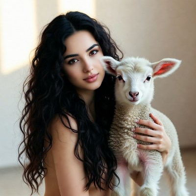 Woman holding cute lamb