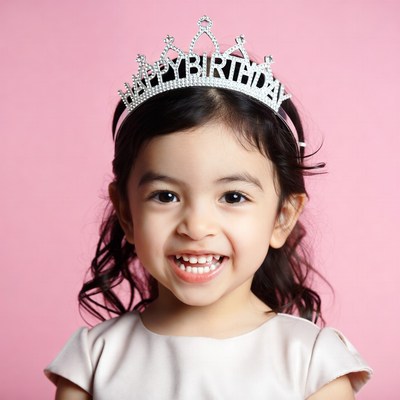 Asian girl wearing Happy Birthday tiara