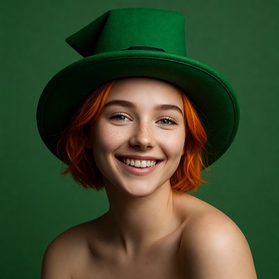 Smiling redhead woman in green leprechaun hat
