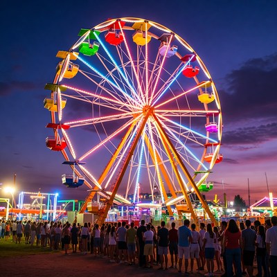Lit Ferris Wheel with Crowd at Night