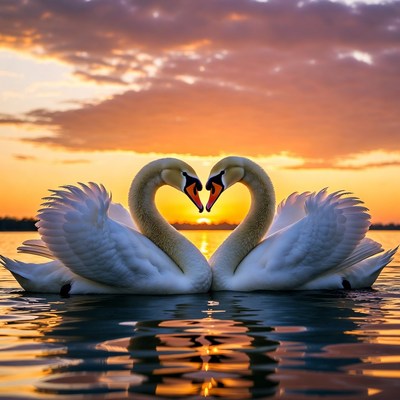 Two Swans Forming Heart Shape Sunset