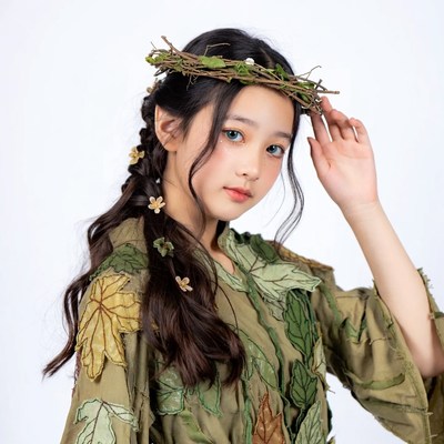 Asian girl in leaf costume with twig crown