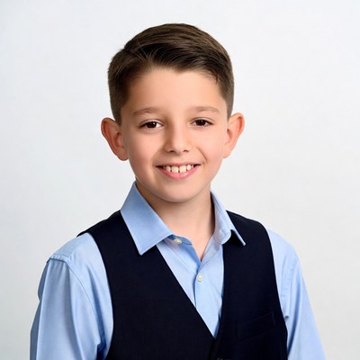 Smiling boy in blue shirt and vest