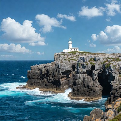 White Lighthouse on Cliff Over Ocean