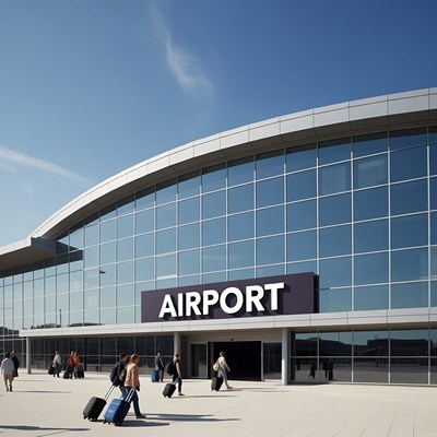 Modern Airport Entrance with Travelers