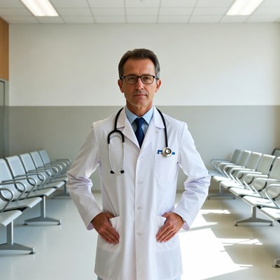 Male doctor standing in waiting room