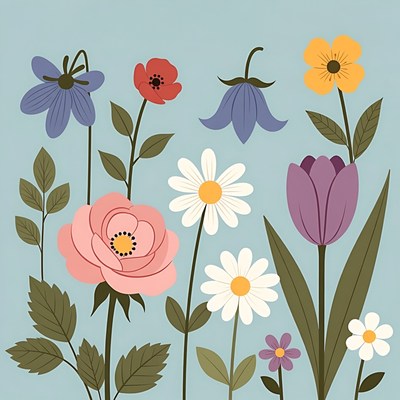 Colorful Flowers Illustration on Blue Background