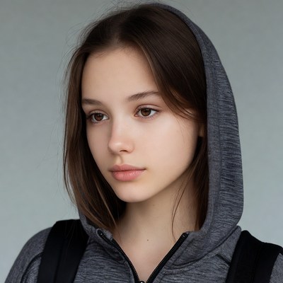 Teen girl in gray hoodie with backpack