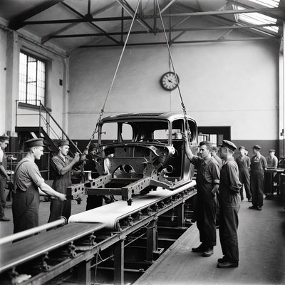 Workers assembling car in factory