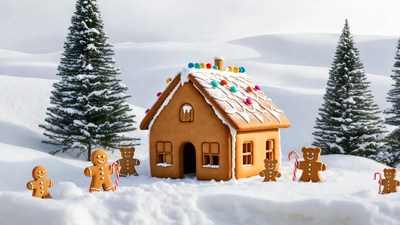 Gingerbread House in Snowy Landscape