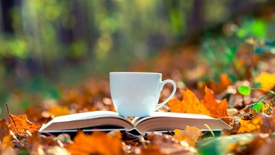 Open book and white mug on autumn leaves