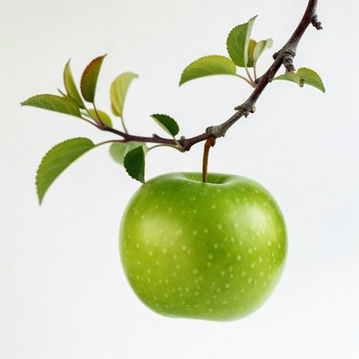 Green apple hanging on branch
