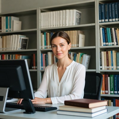Woman working at computer in library