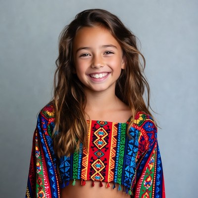 Smiling girl in colorful poncho