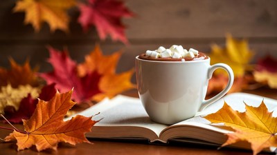 Hot Cocoa with Marshmallows and Autumn Leaves