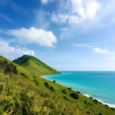 Green Hill Overlooking Turquoise Ocean Bay