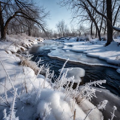 Winter Stream with Snowy Trees