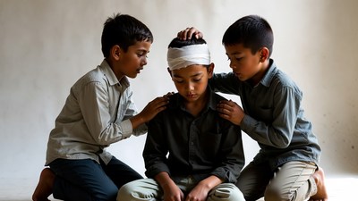 Three boys comforting injured friend