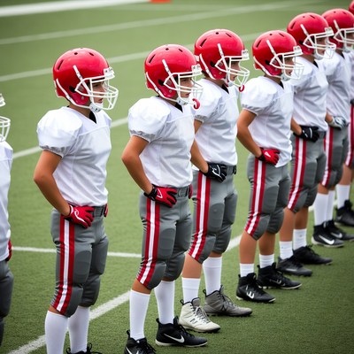 Football team boys in red helmets lining up