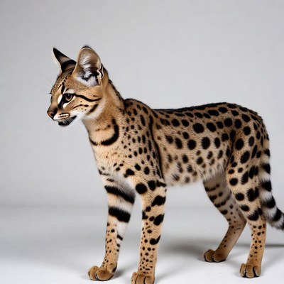 Serval cat standing on white background