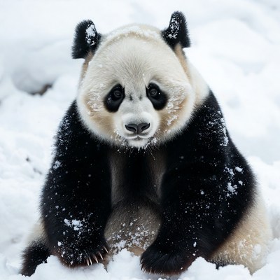 Giant panda sitting in snow
