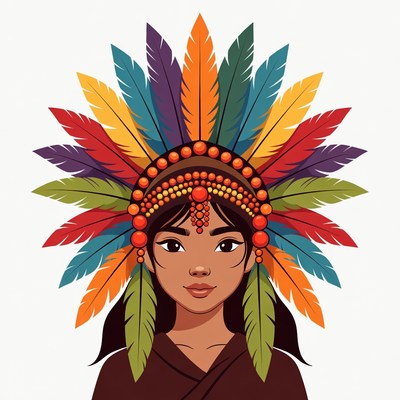 Indigenous Woman in Colorful Feather Headdress