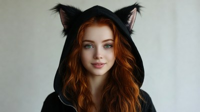 Redhead girl in cat ear hoodie