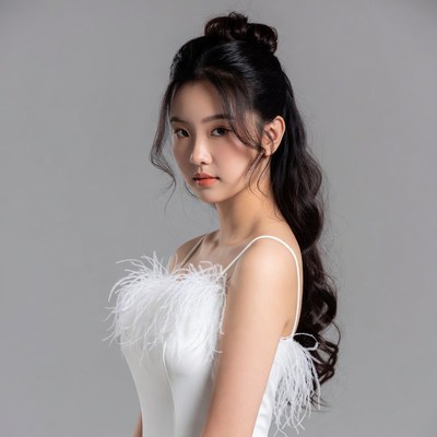 Asian woman in white feathered dress