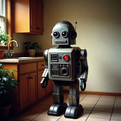 Silver robot standing in kitchen
