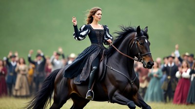 Woman riding horse in Renaissance costume