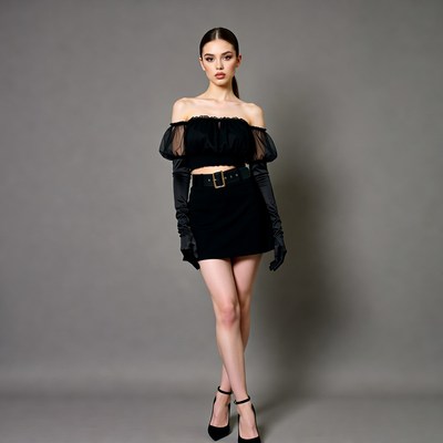 Woman in black off-shoulder top and gloves