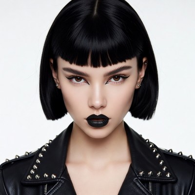 Woman with black bob haircut and leather jacket