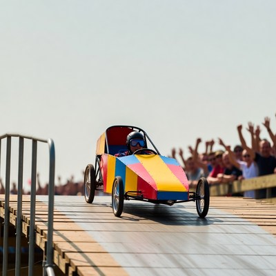 Boy racing soapbox car on ramp