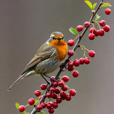 Robin perched on red berries branch