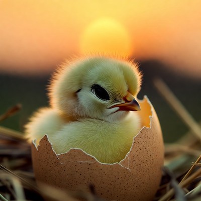 Baby Chick Hatching from Egg at Sunset