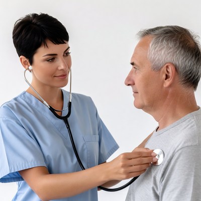 Nurse checking elderly man's heartbeat