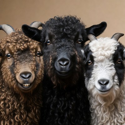 Three fluffy goats smiling together