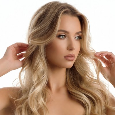Blonde woman touching long wavy hair