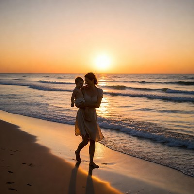 Mother holding baby on beach sunset