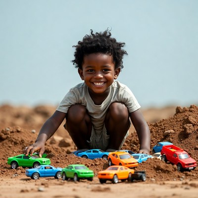 African boy playing toy cars