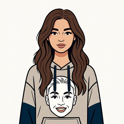 Asian woman in hoodie with face print